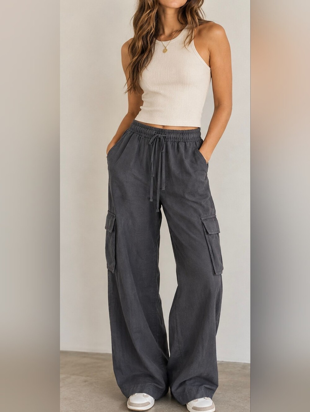 Entro Charcoal Gray Wide Leg Cargo Pants Size M NWT Utility Oversized Boho
